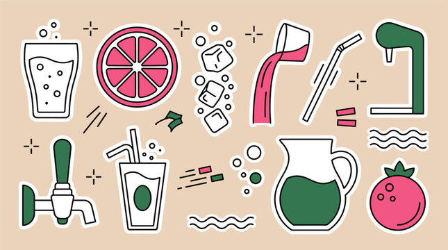 Beverage and drink preparation vector icons with glass, ice cubes and tap for mobile app branding in colorful doodle style