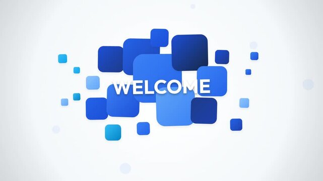 Clean 2D graphic asset featuring a bold "WELCOME" typography text layout centered over a floating cluster of blue rounded square nodes on an isolated white background. 