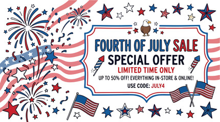 Obraz premium Graphic design of a Fourth of July sale advertisement with fireworks, American flags, and a special offer in a patriotic color scheme on a white background.