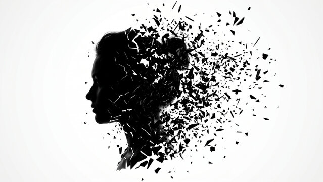 Abstract Woman Profile Silhouette Splattered with Ink Exploding Particles