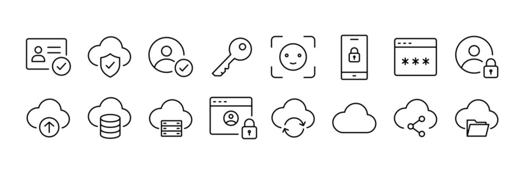 Cloud Computing Protection icon collection. Cloud security and network protection outline symbols. Vector illustration.