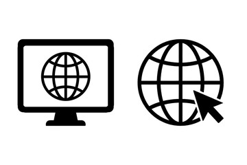 Fototapeta premium Black computer monitor displaying globe next to globe with cursor arrow screen