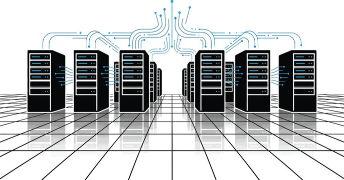 Server racks connected with digital network lines in a clean modern data center environment