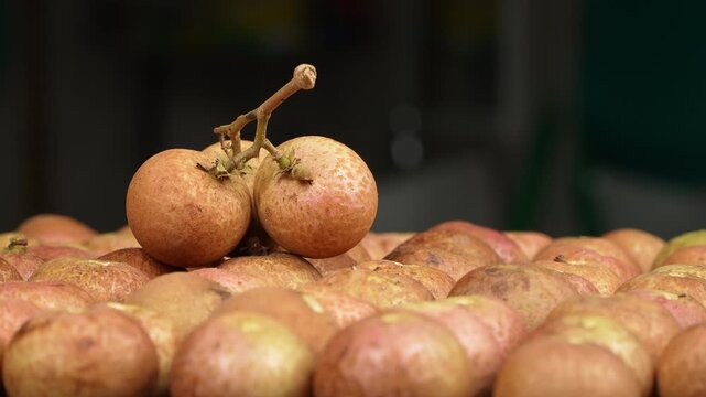 Close-up of a fresh tropical longan fruit bunch lying on top of multiple round fruits in spinning pattern.