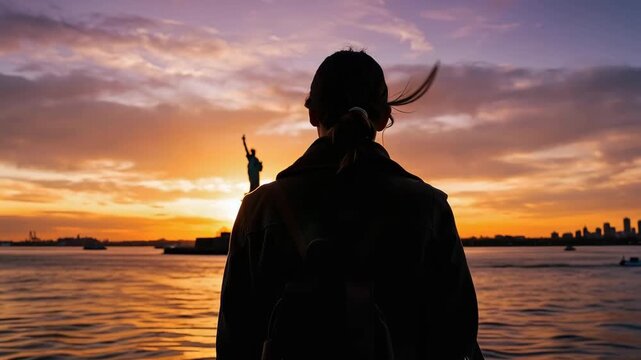 Rear view of traveler silhouette holding suitcase on pier watching iconic Statue of Liberty at vibrant New York sunset.