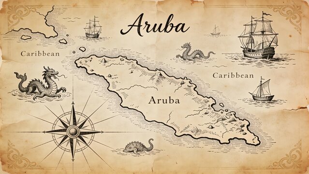 Vintage Aruba island map illustration on old textured paper background, ancient pirate style hand drawn map with sea monsters, sailing ships and compass rose