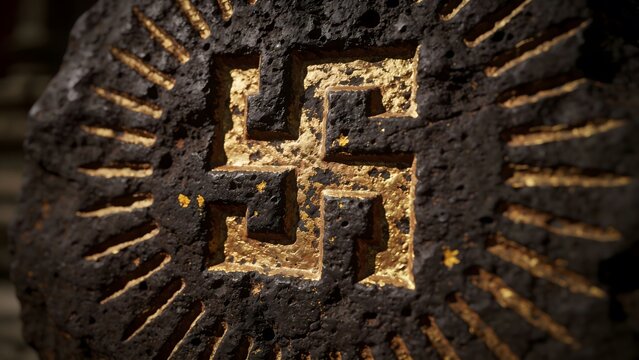 Ancient Hindu swastika symbol carved on black volcanic rock stone with gold leaf, traditional sacred temple relief print, rustic spiritual stone carving ornament