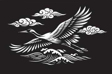 Fototapeta premium Japanese Crane Flying Over Sea Waves 