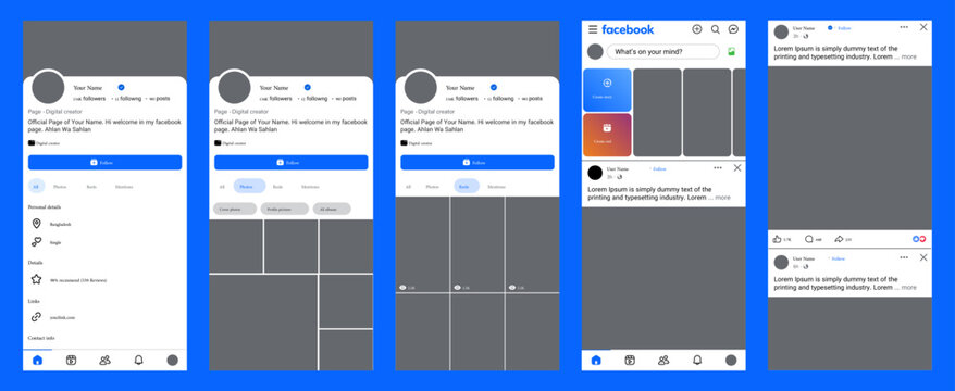 Facebook interface mockup showing Profile feed, Page layout, reels, photos and Post screen in modern smartphone template, Editorial vector file