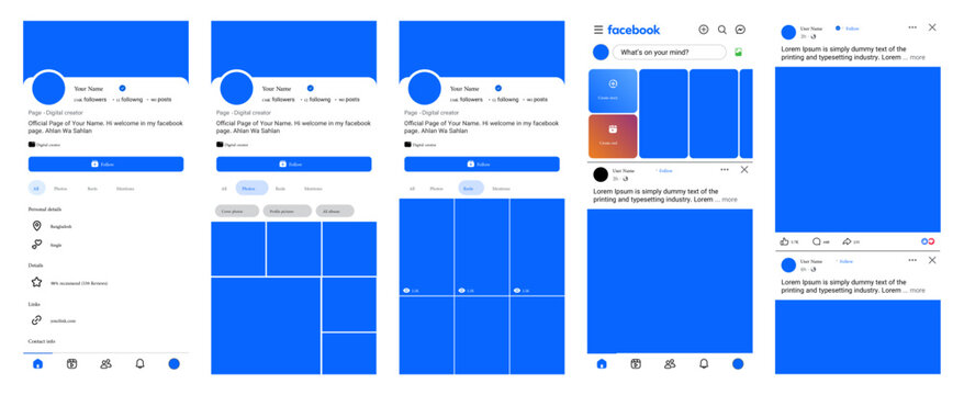 Facebook interface mockup showing Profile feed, Page layout, reels, photos and Post screen in modern smartphone template, Editorial vector file