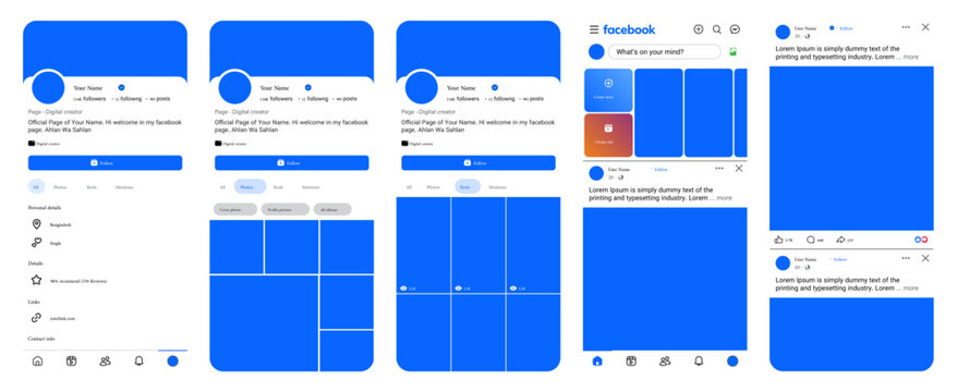 Facebook interface mockup showing Profile feed, Page layout, reels, photos and Post screen in modern smartphone template, Editorial vector file