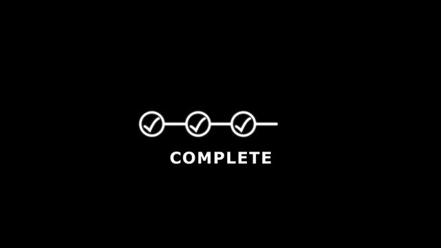 Step Progress Line Checkmark Animation on Black Background Task Completion, Abstract bright check mark icon with step-by-step animation on black background. 4k video