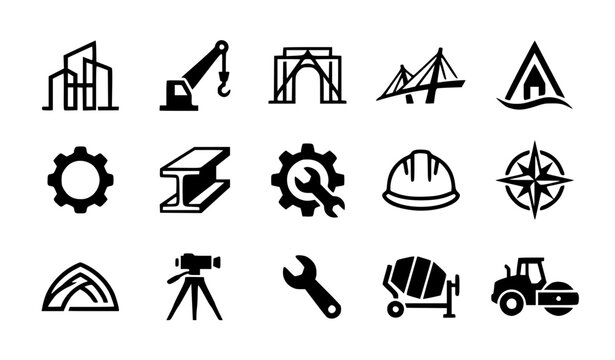 Modern abstract construction symbol vector clipart set with minimalist clean outline architecture and engineering graphics black and white