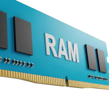 Close up of a blue ram module with ram text isolated on transparent background