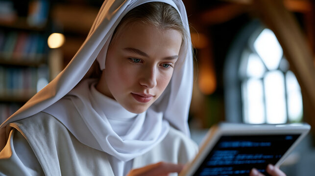 Young novice nun in contemporary convent common room browsing theology coursework on tablet device, simple habit attire, afternoon light through arched window, modern religious vocation discernment 