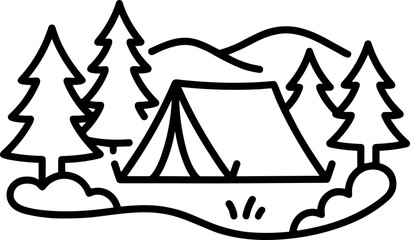 Camping tent scene with pine trees and hills, simple line art illustration © Kampanggmu