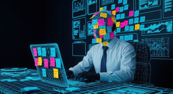Businessman working on computer covered in colorful sticky note papers illustration futuristic