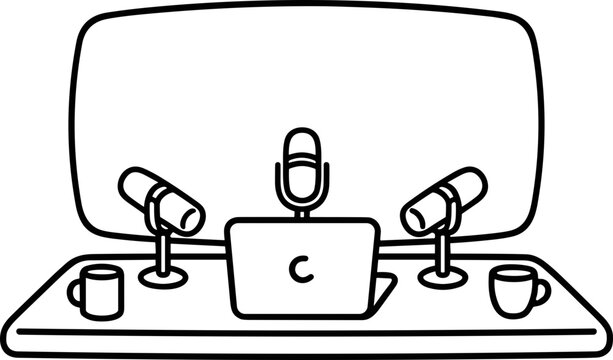 Podcast studio setup with microphones, laptop, and cups on desk, line art illustration