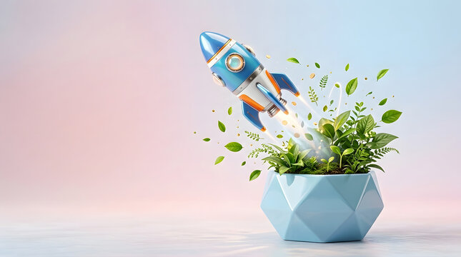 3D render of a toy rocket launching from a green plant pot representing startup growth and eco-friendly business innovation