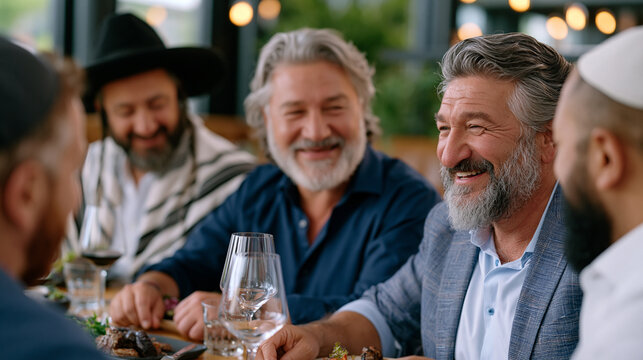 Christian pastor, Jewish rabbi, and Muslim imam sharing meal together at restaurant table, genuine laughter informal interfaith friendship, community religious pluralism cooperation dialogue peacebu