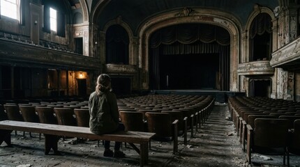 Fototapeta premium Abandoned Grand Theater Interior with Solitary Figure on Bench.