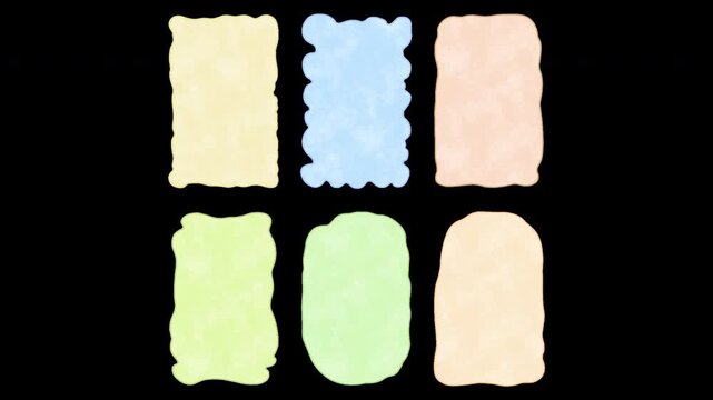 Alpha channel loopable 2D vintage frame animation. Set of hand-drawn pastel borders with changing texture and vibrating lines. Colorful and elegant craft design overlay on transparent background.