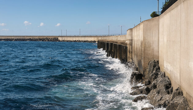 Coastal seawall protecting a rocky shoreline with crashing blue ocean water waves coastal defense shoreline breakwater protection boulders infrastructure engineering landscape outdoors