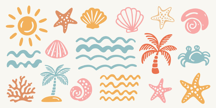 Coastal Summer Icons Hand Drawn Vector Illustration With Pastel Tones