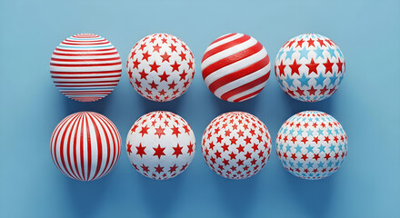 Obraz premium Red and white striped and star patterned balls on blue background