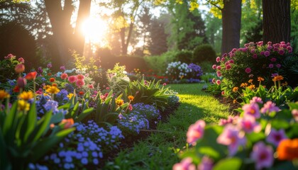 Obraz premium Beautiful flower garden with sunlight and colorful plants