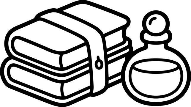 Stack of books and potion bottle icon, simple line art illustration, knowledge and magic concept
