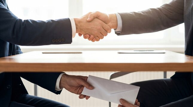Business Handshake Above Desk While Cash Envelope Passes Below as Corruption Metaphor