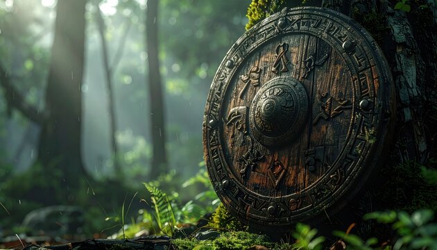 Ancient Viking Shield Resting on Mossy Tree Trunk in Enchanted Forest During Rainy Day with Sun Rays, Detailed Carvings and Mystical Atmosphere, Epic Fantasy Scene