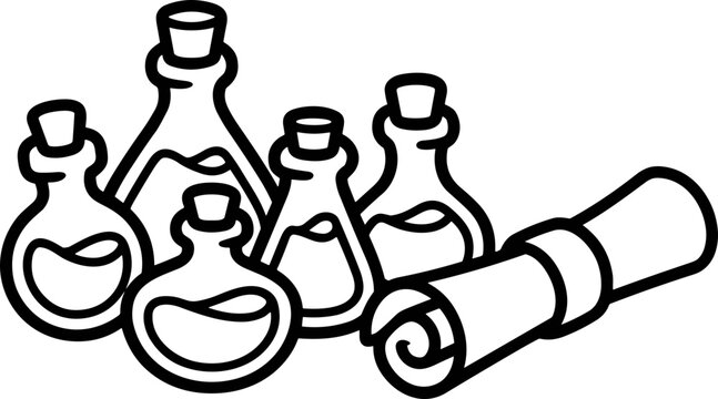 Alchemy Bottles and Scroll - Mystical Potion Ingredients and Ancient Knowledge