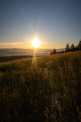 Obraz premium Golden sunrise light illuminates rolling hills and forests seen from Geisskopf in the Bavarian Forest.