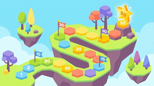 Colorful Isometric Floating Island Level Map With Numbered Path Showing Gamification Progress