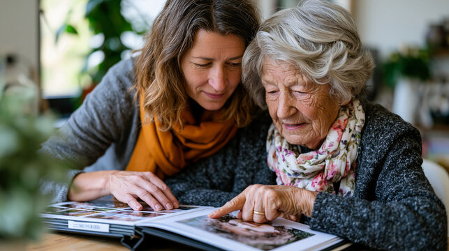 Middle-aged woman gently placing a labeled photo album on the table in front of her seated elderly mother, pointing to a face on a page, the mother's uncertain expression a quietly tender image of e