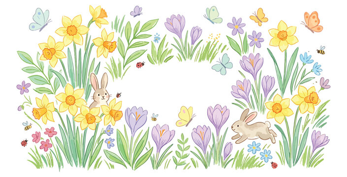 Spring Easter background template with cute bunnies butterflies and blooming flowers frame