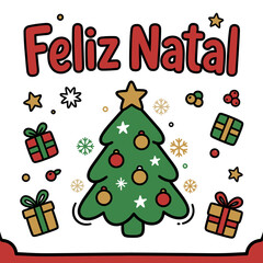 Naklejka premium Feliz Natal Merry Christmas greeting with decorated tree gifts and snowflakes in a festive cartoon style