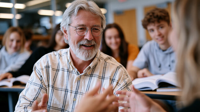 Religious studies professor in seminar room surrounded by undergraduates, open comparative theology texts on desks, animated discussion gestures, university faith literacy education secular academic