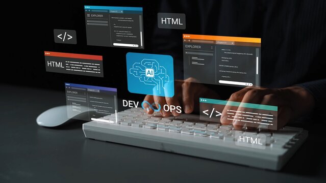 Developer working on artificial intelligence and DevOps with HTML code displayed on screens, showcasing technology and programming concepts in action Gluon.
