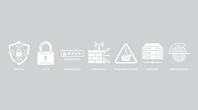 Digital security icons including shield, lock, password, firewall, phishing alert, server, and fingerprint displayed on a gray background for cybersecurity concept.