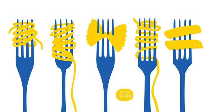 Pasta fork illustration with spaghetti in a flat vintage style. Italian food poster and typography design for restaurant menu, kitchen graphics and cooking concepts