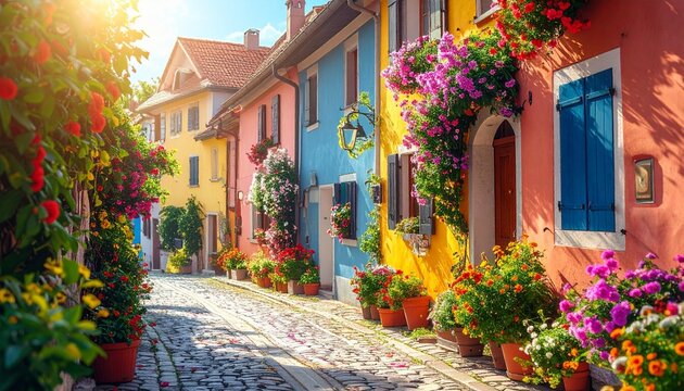 Beautiful colorful houses with blooming flowers in spring