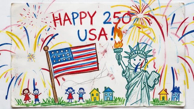 Child-like crayon drawing celebrates 250th USA Independence Day with Statue of Liberty, American flag, festive fireworks, and happy children.