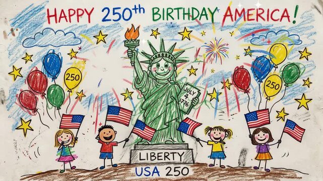 Children's drawing celebrating 250th anniversary of US Independence Day with Statue of Liberty, fireworks, balloons, and waving American flags.