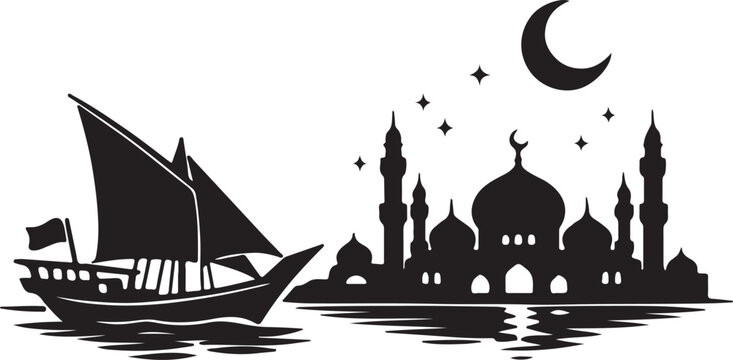 Islamic Mosque Cityscape Sailing Dhow Boat
