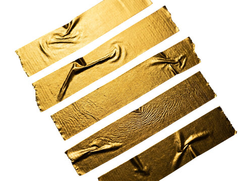 Parallel strips of crinkled gold tape with texture, isolated on transparent background