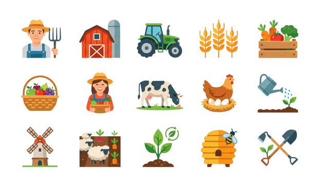 Rural Farming Lifestyle and Organic Food Elements Flat Vector Illustration Pack