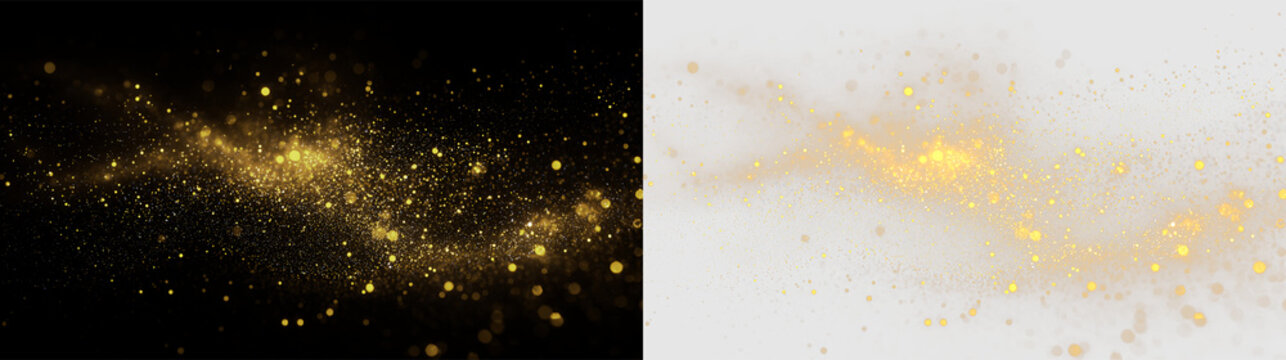 Swirls of gold dust and particles flow on a transparent background, creating an abstract design for digital use and decoration